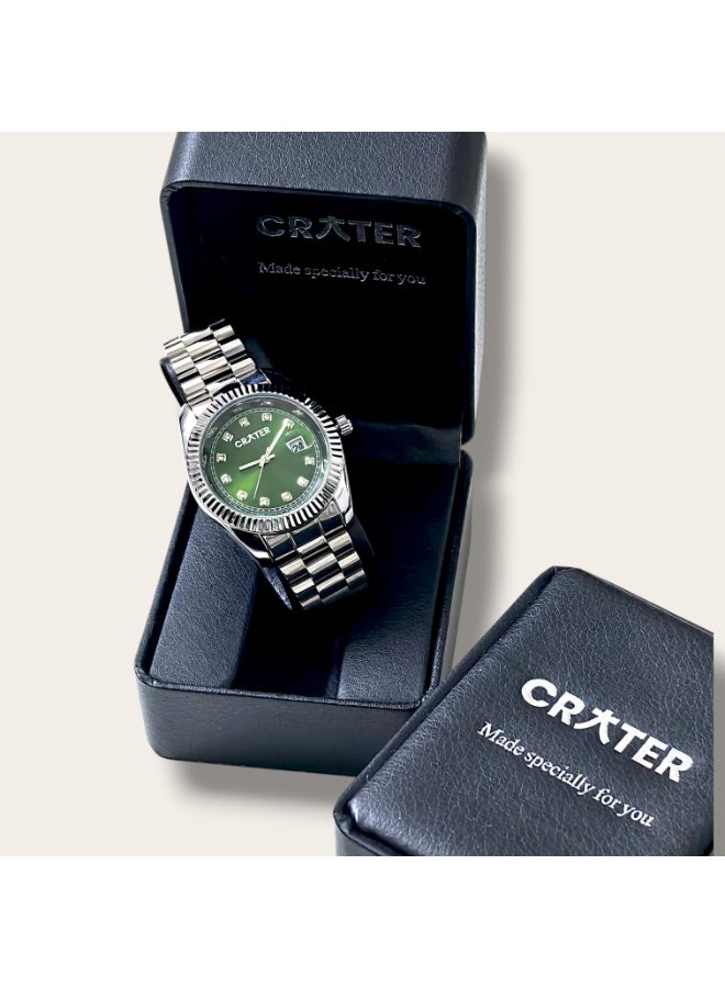 كريتر  ساعة كريتر (CRATER) للرجال – تصميم ملكي فاخر من الستانلس ستيل، مينا كلاسيكي مع عرض التاريخ، مقاومة للماء – تشمل علبة الماركة (فضي /أخضر). - Image 3